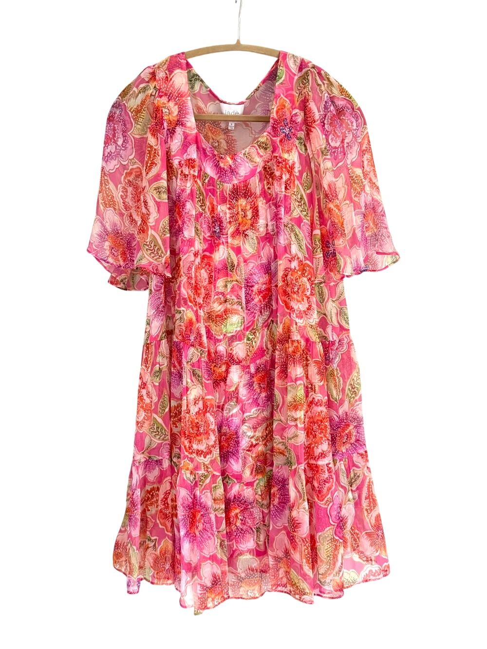 Johnny Was Jade Mari Tiered Mini Dress Silk Floral Pink Boho Sma''